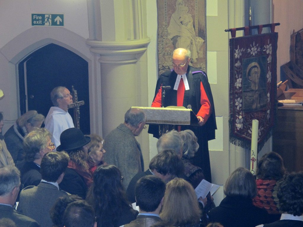 Very Reverend Gilleasbuig Macmillan, late of St Giles' Cathedral, reads the Gospel during the Institution Eucharist of Canon Allan Maclean as Rector of St Vincent's on St Vincent's Day, 22 January 2015