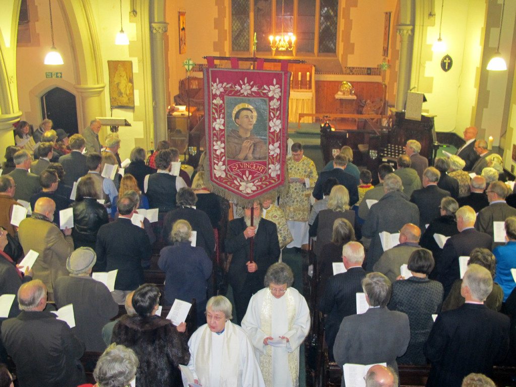 The banner of St Vincent precedes the clergy following the Institution by the Bishop of Edinburgh of Canon Allan Maclean as Rector of St Vincent's on St Vincent's Day, 22 January 2015