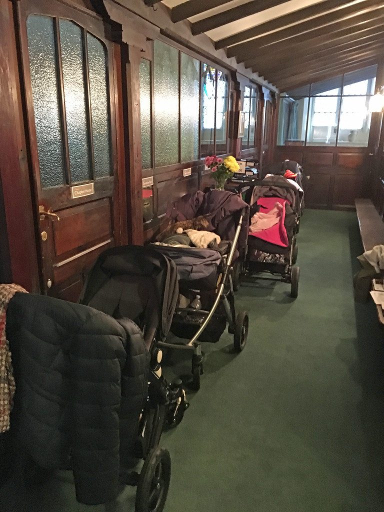 The prams are lined up in the vestibule at St Vincent's for the regular Tuesday morning MooMusic sessions.