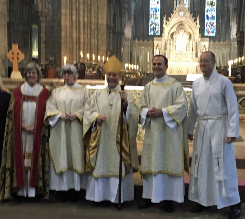 Oliver, to the right of the Bishop of Edinburgh, following his ordination as a deacon in the Scottish Episcopal Church on 25th September 2016